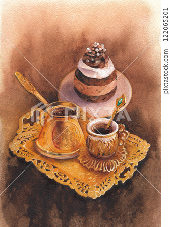 Hand painted golden coffee set with cup, cezve and ornate tray, 122065201