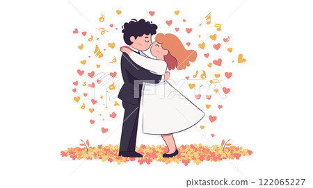 Couple Embracing in Love with Heart Motifs, Flat Vector Art 122065227