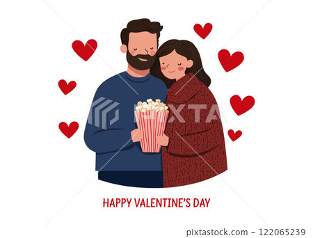 Couple Embracing with Popcorn in Cozy Attire Flat Vector Illustration Couple Embracing with Popcorn in Cozy Attire Flat Vector Illustration 122065239