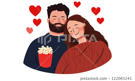 Couple Enjoying Movie Night with Popcorn in Minimal Flat Vector Art Couple Enjoying Movie Night with Popcorn in Minimal Flat Vector Art 122065241