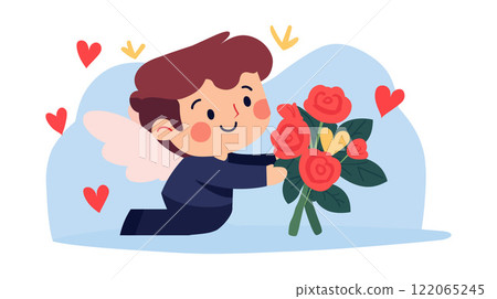 Cute Angel Boy Offering Flowers in Flat Vector Art Cute Angel Boy Offering Flowers in Flat Vector Art 122065245