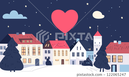 Charming Townscape with a Heart Balloon in Flat Vector Art Charming Townscape with a Heart Balloon in Flat Vector Art 122065247