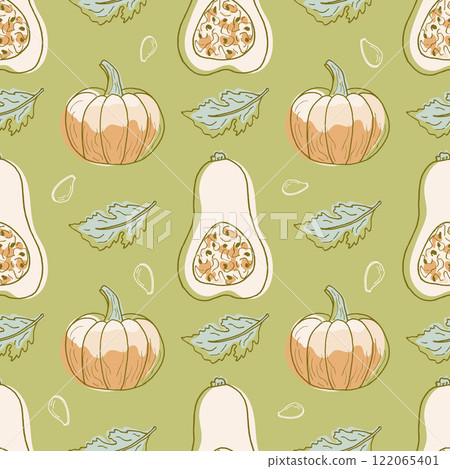 Bright seamless pumpkin pattern, hand-painted. A backdrop for Thanksgiving, the season of vegetables, and vegetarian foods. A print with different pumpkins for wallpaper, textiles, wrapping paper Bright seamless pumpkin pattern, hand-painted. A backdrop for Thanksgiving, the season of vegetables, and vegetarian foods. A print with different pumpkins for wallpaper, textiles, wrapping paper 122065401