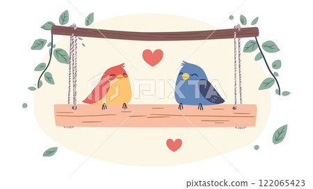 Cute Birds on a Swing with Green Leaves in a Minimal Style Vector Art 122065423