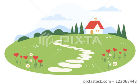 Cozy house on a green hill with flowers flat vector art Cozy house on a green hill with flowers flat vector art 122065448