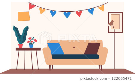 Cozy living room scene with flat design elements and vibrant colors vector illustration Cozy living room scene with flat design elements and vibrant colors vector illustration 122065471