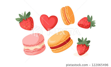 Cute strawberries and macarons in flat design vector art 122065496