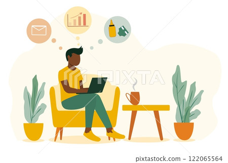 Father on maternity leave working remotely and balancing family life while managing tasks at home Father on maternity leave working remotely and balancing family life while managing tasks at home 122065564