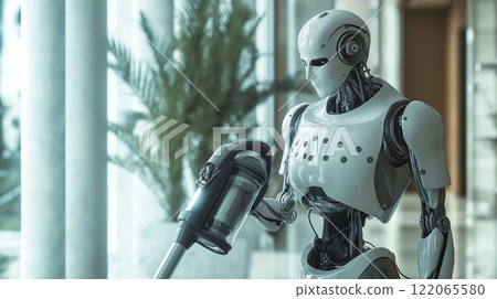 3D rendering of a humanoid robot operating a vacuum cleaner in a modern office or home living room. 122065580