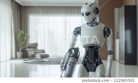 3D rendering of a humanoid robot operating a vacuum cleaner in a modern office or home living room. 122065581