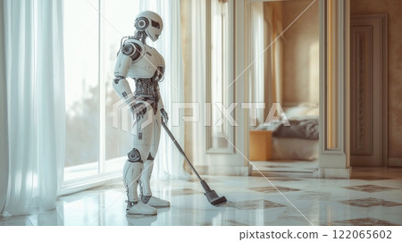 3D rendering of a humanoid robot operating a vacuum cleaner in a modern office or home living room. 122065602