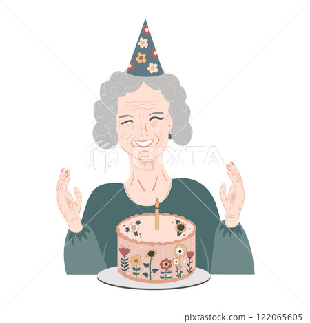 Happy elderly woman with a birthday cake. Senior lady celebrating her birthday. Happy Birthday vector isolated illustration. 122065605