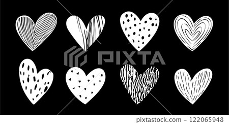 Minimalistic and modern design element of hand-drawn monochrome hearts 122065948
