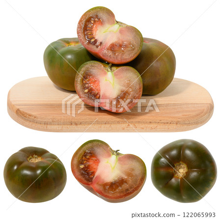 A bunch of ripe tomato of the Kumato variety with dark green and brownish glossy skin on an isolated background A bunch of ripe tomato of the Kumato variety with dark green and brownish glossy skin on an isolated background 122065993