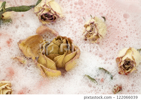 Dry flowers with foam and water. Buds Rose between bubbles from the soap. Dead roses in white foam Dry flowers with foam and water. Buds Rose between bubbles from the soap. Dead roses in white foam 122066039