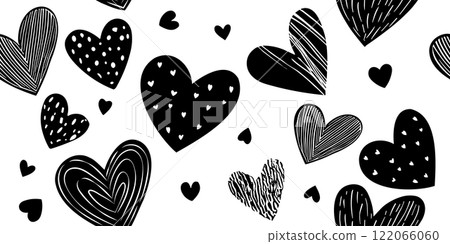 Seamless pattern of hand drawn monochrome hearts - simple and stylish design in black and white Seamless pattern of hand drawn monochrome hearts - simple and stylish design in black and white 122066060
