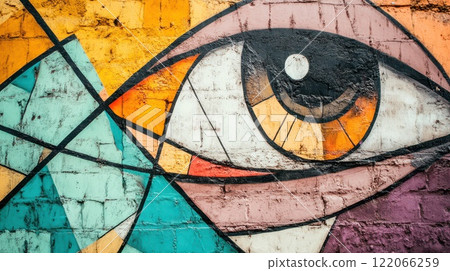 Colorful mural featuring a large eye design 122066259
