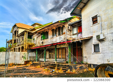 Abandoned building of Ministry of Justice and Police in the historic center of Paramaribo, the capital of Suriname in South America 122066300