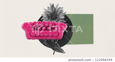 Surreal design with bright pink bubble-textured sofa, black and white sunflower, and geometric green background. Contemporary art collage Surreal design with bright pink bubble-textured sofa, black and white sunflower, and geometric green background. Contemporary art collage 122066349