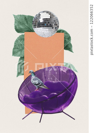 Retro-style purple chair with pigeon on it, disco ball above, and orange geometric background with green leaves. Contemporary art collage. Retro-style purple chair with pigeon on it, disco ball above, and orange geometric background with green leaves. Contemporary art collage. 122066352