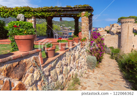 Terrace with Stone Pergola Overlooking the Sea in Tossa de Mar, Catalonia, Spain 122066362