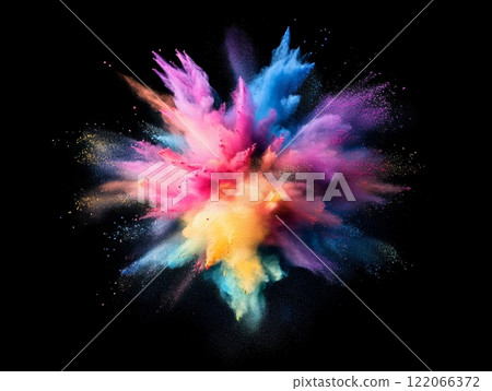 Vibrant explosion of colorful powder on black background capturing dynamic energy. 122066372
