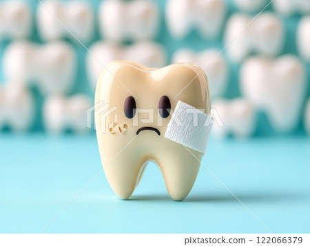 Cute cartoon tooth with bandage on blue background symbolizing dental care. 122066379
