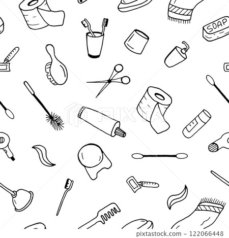 Bath accessories seamless pattern in doodle style. Bath accessories seamless pattern in doodle style. 122066448
