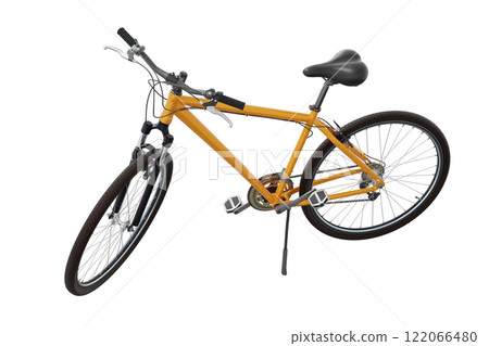Orange bicycle standing on kickstand 122066480