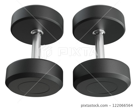 Two Blank Round Rubber Dumbbells, weightlifting gym equipment top view 122066564