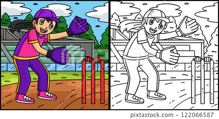 Cricket Female Wicketkeeper Coloring Illustration Cricket Female Wicketkeeper Coloring Illustration 122066587