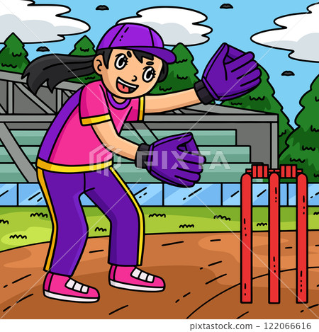 Cricket Female Wicketkeeper Colored Cartoon  122066616
