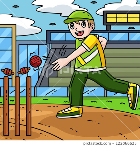 Cricket Fielder Hitting the Bails Colored Cartoon  122066623