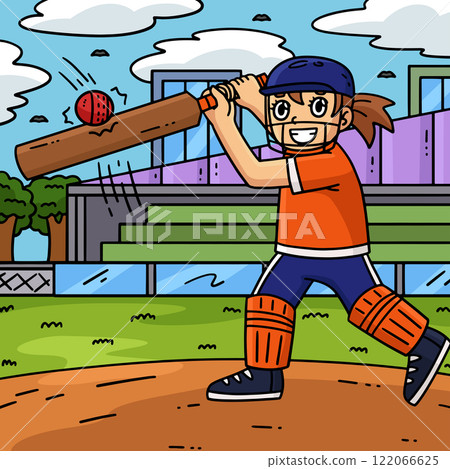 Cricket Female Striker Hitting the Ball Colored Cricket Female Striker Hitting the Ball Colored 122066625