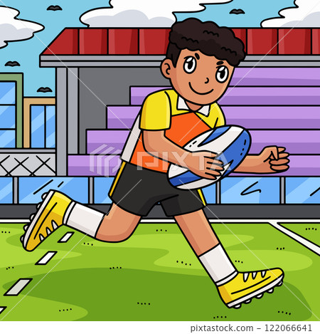 Rugby Player Running the Ball Colored Cartoon Rugby Player Running the Ball Colored Cartoon 122066641
