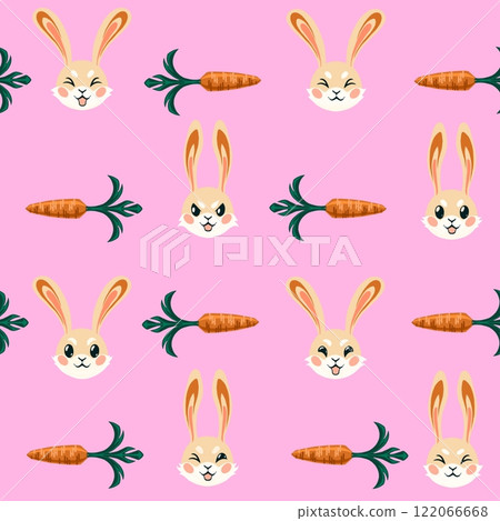 Seamless pattern with bunny and carrot on the pink background.  122066668