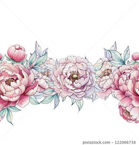 Soft pink peonies gracefully intertwine with lush green leaves, creating a serene atmosphere filled with delicate charm and artistic flair seamless pattern, ornament 122066738