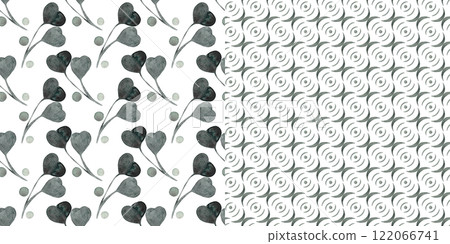 Green quatrefoil and abstract geometric ornament. Clover in green watercolor. Couple vintage seamless wallpaper. Artistic background. Floral print 122066741