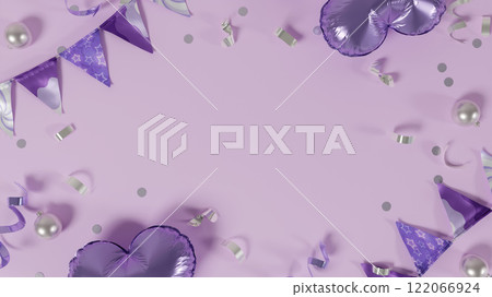 Purple party backdrop with heart balloons and bunting, 3D render. 122066924