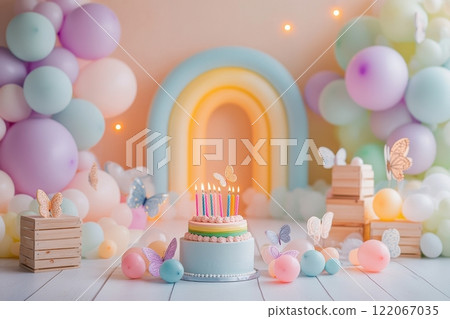 A birthday party with a rainbow arch and a cake with candles on it 122067035