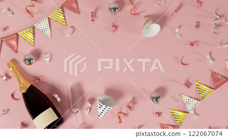 Celebration champagne scene with confetti, soft pink theme, 3D render 122067074
