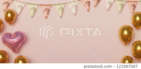 Gold heart balloons with bunting flags on soft pink, 3D render 122067087