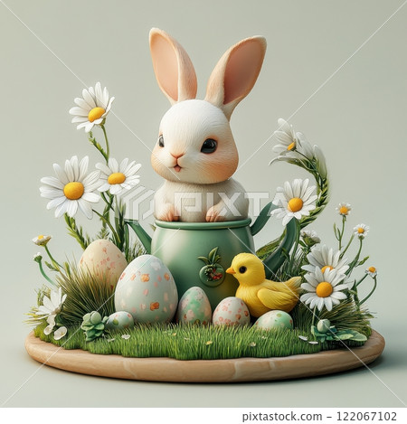 Easter bunny figurine surrounded by daisies and colorful eggs spring celebration 3d digital art whimsical cheerful theme 122067102