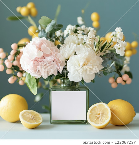 A vase of flowers sits on a table with a lemon and a white card 122067257