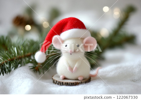 White felt rat in a Santa Claus hat Christmas tree 122067330