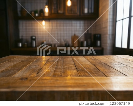 empty wooden table front kitchen 122067349
