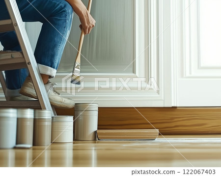 Person painting white walls while sitting on a ladder Person painting white walls while sitting on a ladder 122067403