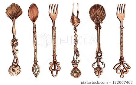 Hand drawing set of beautiful bronze tableware spoons and forks 122067463