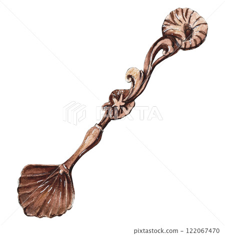 Hand drawing illustration of beautiful bronze spoon with sea decor Hand drawing illustration of beautiful bronze spoon with sea decor 122067470
