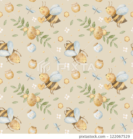 Watercolor seamless pattern bees with honey jar, fly around hive and honeycomb. Repeating print. Illustrations on beige, pastel background for textile, fabric, packaging, wallpaper Watercolor seamless pattern bees with honey jar, fly around hive and honeycomb. Repeating print. Illustrations on beige, pastel background for textile, fabric, packaging, wallpaper 122067529
